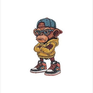 May include: A cartoon illustration of a monkey wearing a yellow hoodie, blue cap, and glasses. The monkey has its arms crossed and is wearing sneakers with orange and black accents. The image is set against a white background.