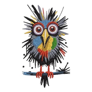 May include: Embroidered design of a colorful bird with large eyes, a yellow beak, and red feet perched on a branch. The bird's body features blue, green, and red patches, with black and yellow spiky details. The design is set against a white background.