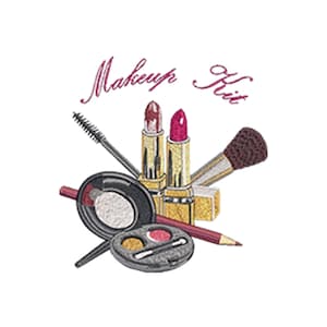 Pode incluir: Um design bordado com um kit de maquiagem. A imagem inclui dois batons, uma escova de rímel, um pincel de maquiagem, uma paleta de sombras e um lápis labial. As palavras "Makeup Kit" estão escritas em itálico.