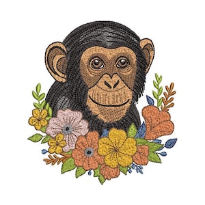 May include: An embroidered design featuring a chimpanzee with a smiling expression, surrounded by a wreath of colorful flowers. The chimpanzee has brown and black fur, with detailed stitching. The flowers include yellow, orange, pink, and blue.