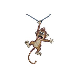 Pode incluir: Um macaco de desenho animado com pelo marrom e boca aberta pendura-se em uma corda azul. O macaco tem olhos grandes e braços estendidos, com os pés pendurados. A imagem está em um fundo branco.