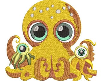 Diseño de bordado de pulpo brillante: Pulpo sonriente de ojos grandes (Archivo digital, 5 tamaños)