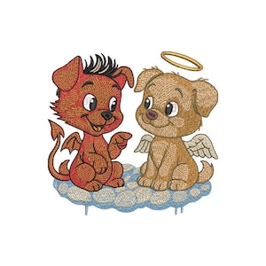 Könnte beinhalten: Gesticktes Bild von zwei Cartoon-Welpen, einem als Teufel und dem anderen als Engel, die auf einer Wolke sitzen. Der Teufelswelpe ist rot mit Schwanz und Hörnern. Der Engelswelpe ist hellbraun mit Flügeln und Heiligenschein.