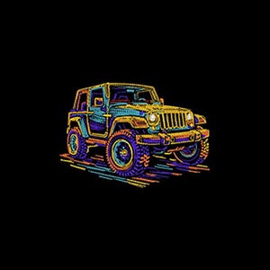 Op de afbeelding: Een kleurrijke illustratie van een Jeep SUV tegen een zwarte achtergrond. Het voertuig is weergegeven in een levendig kleurenpalet, waaronder geel, blauw, paars en oranje, met een gedetailleerd, gestikt uiterlijk. Het ontwerp vangt de essentie van offroad-avontuur.