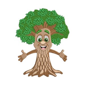May include: Embroidered cartoon tree with a smiling face, green leaves, and outstretched arms. The tree trunk is brown with a textured appearance. The design is on a white background.