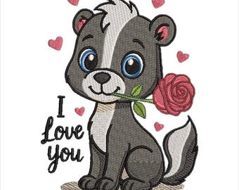 Diseño de bordado a máquina Skunk Love ¡Lindo diseño de bordado Skunk Love, archivo digital en 8 formatos y 5 tamaños!
