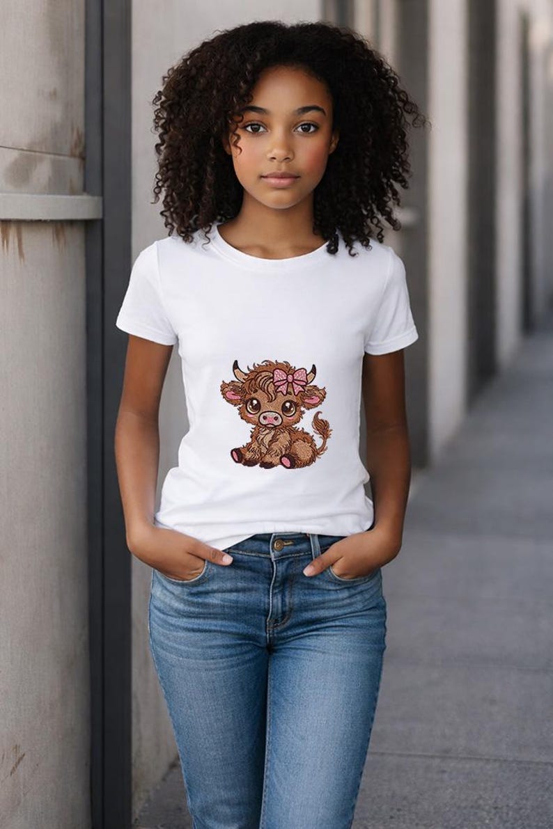 May include: White t-shirt with a cartoon Highland cow design, complete with a pink bow. The cow is brown with black horns and is sitting. The shirt is worn with blue jeans. The model is standing in front of a grey wall.