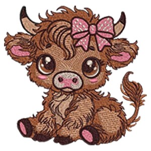 May include: An embroidered image of a cartoon Highland cow calf. The calf is brown with large, expressive eyes, a pink nose, and a pink bow. The calf is sitting down with its tail curled.