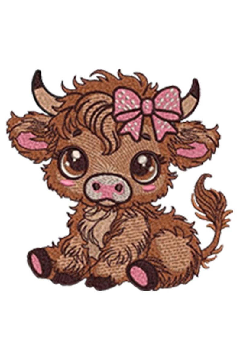 May include: An embroidered image of a cartoon Highland cow calf. The calf is brown with large, expressive eyes, a pink nose, and a pink bow. The calf is sitting down with its tail curled.