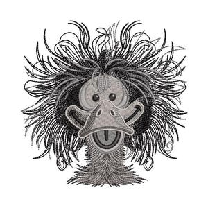 May include: A whimsical embroidered design of a cartoon duck with a surprised expression. The duck has a large, open beak, round eyes, and a fluffy, black and gray feathered mane. The design is on a white background.