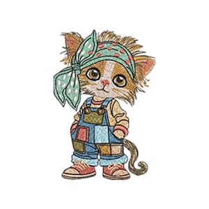 May include: A cartoon cat wearing a yellow shirt, blue patchwork dungarees, and red trainers. The cat has a green and white polka-dot headscarf. The cat has brown and white fur and is standing with its hands in its pockets.