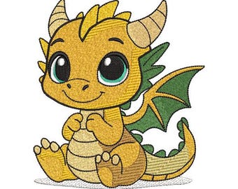 Yellow Baby Dragon Machine Embroidery Design: 8 Formats, 6 Sizes (Digital File)