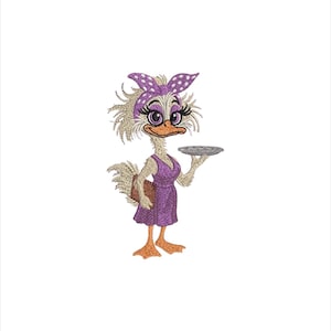 May include: An embroidered design of a cartoon ostrich wearing a purple dress and a polka-dot headband. The ostrich is holding a silver tray and has long eyelashes. The design is on a white background.