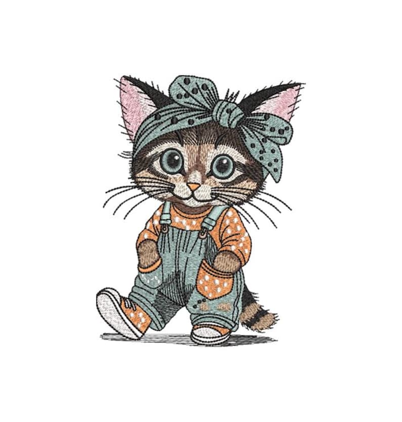 Puede incluir: Imagen bordada de un gatito de dibujos animados con una diadema de lunares turquesa y un peto. El gatito tiene grandes ojos azules, una camisa naranja claro con lunares blancos y zapatillas naranjas. El peto es azul claro con lunares naranjas en los bolsillos.