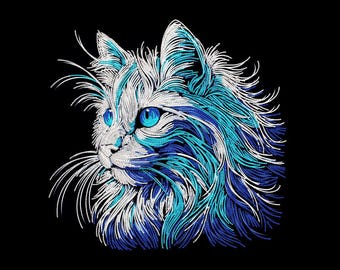 Diseño de bordado a máquina de cara de gato neón: Arte azul y blanco (Descarga instantánea, 5 tamaños)