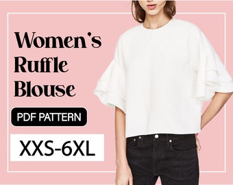 Women’s Ruffle Blouse Sewing Pattern | PDF Digital Download | XXS–6XL | A4/A0 | Short Sleeve