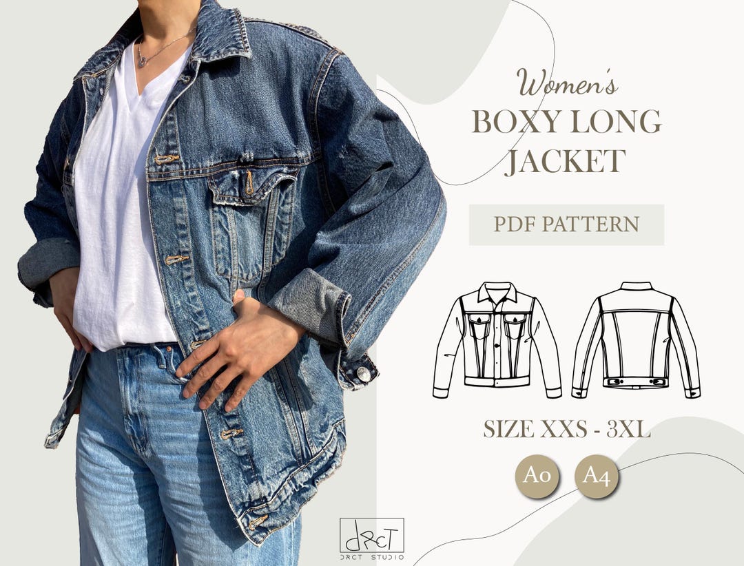 Boxy Jacket Pattern Women’s Boxy Long Denim Jacket Sewing Pattern | XXS–3XL | A4 / A0 ...