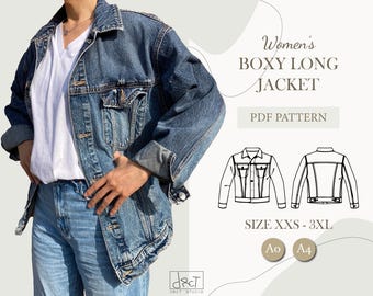 Women’s Boxy Long Denim Jacket Sewing Pattern | XXS–3XL | A4 / A0 / Letter | Digital Download