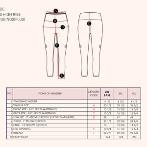May include: A size guide for high rise capri leggings in plus sizes, featuring a line drawing of the front and back of the garment with labeled measurement points A through F and a table listing dimensions in inches for 2XL, 3XL, and 4XL sizes.