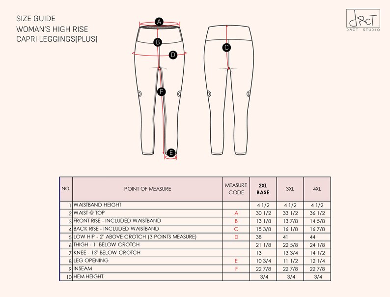 May include: A size guide for high rise capri leggings in plus sizes, featuring a line drawing of the front and back of the garment with labeled measurement points A through F and a table listing dimensions in inches for 2XL, 3XL, and 4XL sizes.