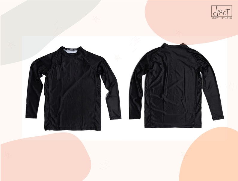 May include: A solid black long-sleeve rash guard shirt featuring a crew neckline and raglan sleeves. The garment is displayed from both the front and back views, showcasing a smooth, lightweight fabric construction with clean, finished seams.