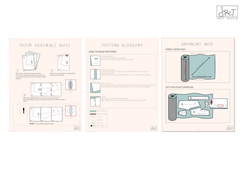 May include: A three-page instructional document with a light pink background titled Paper Assemble Guide, Pattern Glossary, and Grainline Info. It features black line drawings, diagrams, and text explaining sewing pattern assembly and fabric layout.