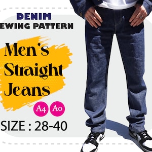 Può includere: Un cartamodello per jeans dritti, taglie 28-40. Il cartamodello è disponibile nei formati A4 e A0. L'immagine mostra un modello che indossa un paio di jeans blu.