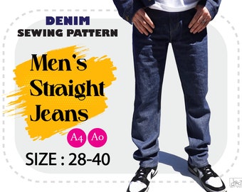 28-40|  Men's Straight Denim Jean Sewing Pattern | Digital PDF | A4, A0