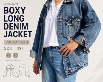 Patrón de costura para chaqueta vaquera larga de corte recto para mujer / XXS–3XL / A4 / A0 / Carta / Descarga digital