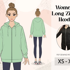 May include: A sewing pattern for a long zip-up hoodie. The pattern is available in sizes XS to XL. The image shows a green hoodie on a model and a black hoodie on a flat lay.