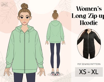 Long Zip-Up Hoodie Sewing Pattern | Oversize XS-XL | A4 / A0 / Letter | Digital Download