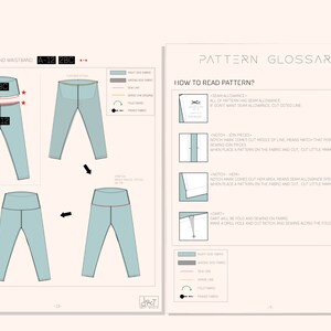 May include: A sewing instruction sheet titled Pattern Glossary and Join Body and Waistband. It features diagrams of light blue leggings with labels A-12 and 2BC, showing seam lines, fold lines, and notches, alongside text explaining how to read patterns.