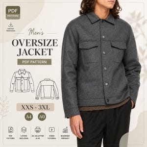 Puede incluir: Una chaqueta gris oscuro con cuello, mangas largas y dos bolsillos en el pecho con solapas. La parte delantera tiene un cierre de botones. El texto en la imagen incluye "PDF PATTERN", "OVERSIZE JACKET", "XXS - 3XL", "A4" y "A0" junto a iconos.