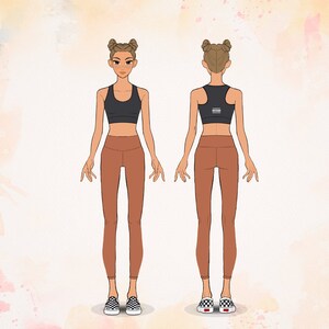 May include: A digital illustration showing a front and back view of a character wearing a black racerback sports bra and solid brown high-waisted leggings. The character has brown hair in two buns and wears black and white checkered slip-on shoes.