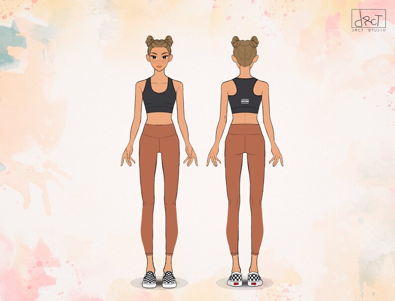May include: A digital illustration showing a front and back view of a character wearing a black racerback sports bra and solid brown high-waisted leggings. The character has brown hair in two buns and wears black and white checkered slip-on shoes.