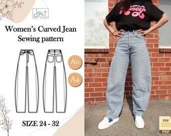 Women’s Curved Jeans Pattern PDF, High Waist Denim Pants Sewing Pattern, Straight Leg, Size 24-32, Easy Beginner, Instant Download