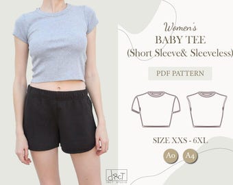 Women’s Baby Tee Sewing Pattern | PDF Digital Download | XXS–6XL | Short Sleeve & Sleeveless | A4 / A0