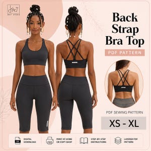 Puede incluir: Un conjunto de top deportivo y shorts gris oscuro con diseño de tiras cruzadas en la espalda. El texto dice Back Strap Bra Top, PDF Pattern, PDF Sewing Pattern y XS-XL. Incluye iconos de descarga digital e instrucciones paso a paso.