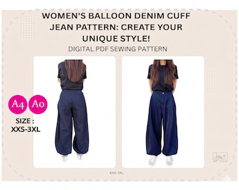 Women's Balloon Denim Cuff Jeans PDF Sewing Pattern | Barrel Leg Pants | XXS-3XL | A4 A0 US Letter