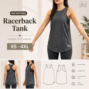 May include: A dark gray racerback tank top with a curved hemline, shown in a PDF pattern listing. The image includes text labels for PDF PATTERN, Racerback Tank, COMFORT. STYLE. EVERYDAY., and XS - 4XL, alongside technical line drawings of the garment.