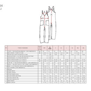 May include: Size guide for a jumpsuit with measurements in inches for sizes XXS to 3XL. The chart includes measurements for chest, neck, front neck drop, across front, across back, body length, hip, thigh, knee, leg opening, inseam, gusset width, gusset length, pocket width, pocket length, strap width, and strap length.