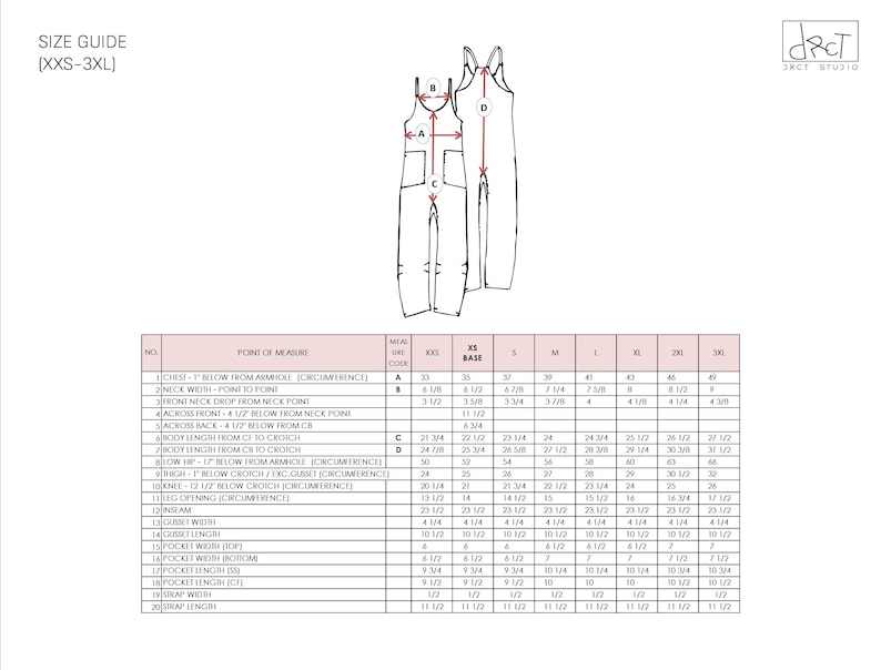 May include: Size guide for a jumpsuit with measurements in inches for sizes XXS to 3XL. The chart includes measurements for chest, neck, front neck drop, across front, across back, body length, hip, thigh, knee, leg opening, inseam, gusset width, gusset length, pocket width, pocket length, strap width, and strap length.