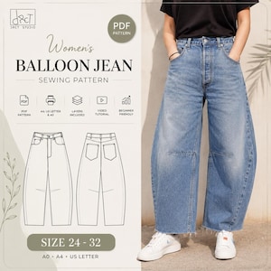 Balloon Jeans PDF Sewing Pattern | Women’s High-Waisted Wide Leg Denim Pants (Size 24–32)