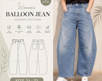 Balloon Jeans PDF Sewing Pattern | Women’s High-Waisted Wide Leg Denim Pants (Size 24–32)