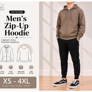Wykrój na męską bluzę z kapturem | XS–4XL | Kieszeń kangurka | A4/A0 PDF do pobrania w wersji cyfrowej