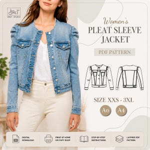 May include: A light blue denim jacket with pleated shoulders, a round neckline, and button-front closure. The image includes text: Women's PLEAT SLEEVE JACKET, PDF PATTERN, SIZE XXS - 3XL, A0, A4, DIGITAL DOWNLOAD, PRINT AT HOME OR COPY SHOP, STEP-BY-STEP INSTRUCTIONS, LAYERED PDF PATTERN.