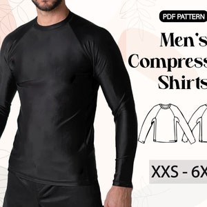 May include: PDF pattern for men's compression shirts. The pattern includes sizes from XXS to 6XL. The image shows a black long-sleeve compression shirt being worn by a model.