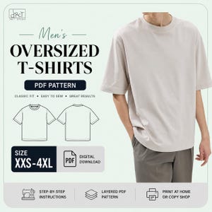 Peut inclure: Un t-shirt beige clair oversize à manches courtes et col rond. L'image contient le texte : OVERSIZED T-SHIRTS, PDF PATTERN, CLASSIC FIT, EASY TO SEW, GREAT RESULTS, SIZE XXS-4XL, DIGITAL DOWNLOAD, STEP-BY-STEP INSTRUCTIONS, LAYERED PDF PATTERN, PRINT AT HOME OR COPY SHOP.