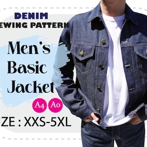 A4, A0 | Patron de couture veste en jean basique pour homme | XXS-5TG | PDF numérique
