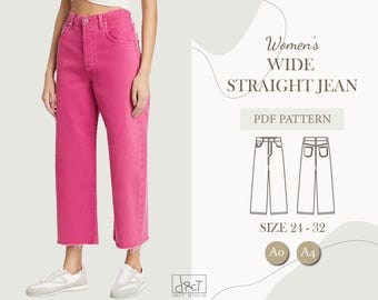 Wide Straight Leg Jeans Sewing Pattern (PDF): Women's Size 24-32